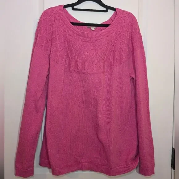 Talbots Hot Pink Cable Knit Sweater L Cotton Spring Layering Preppy Coquette - Picture 2 of 6